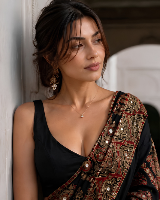 "Dastoor" Black Mirror Work Saree