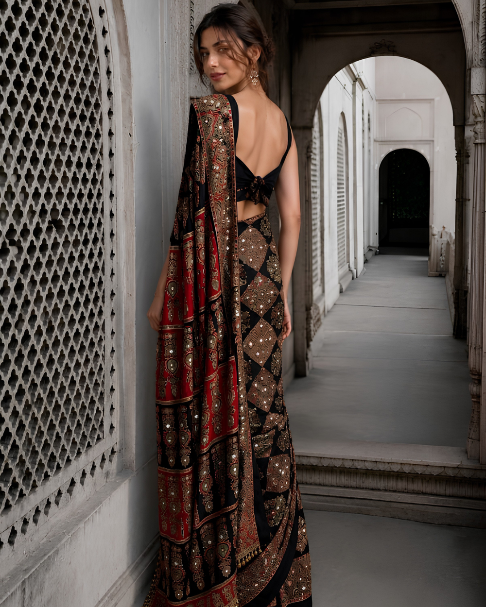 "Dastoor" Black Mirror Work Saree