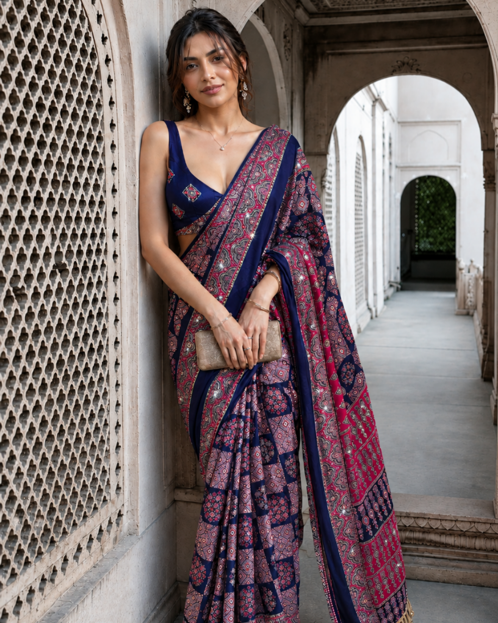 "Chitralekha" Navy Blue Mirror Work Saree