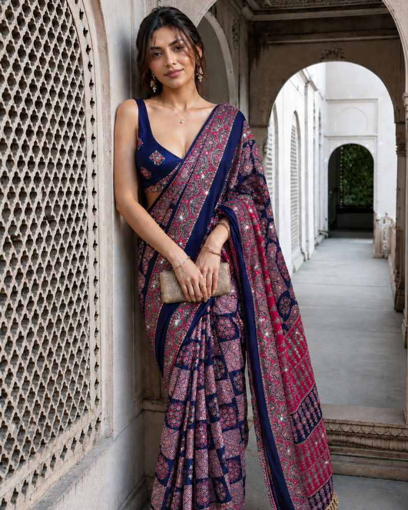 "Chitralekha" Navy Blue Mirror Work Saree