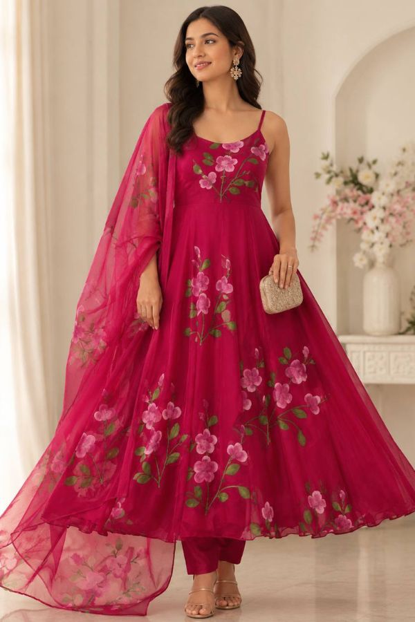 "Gulnaar" Rani Pink Floral Anarkali Set