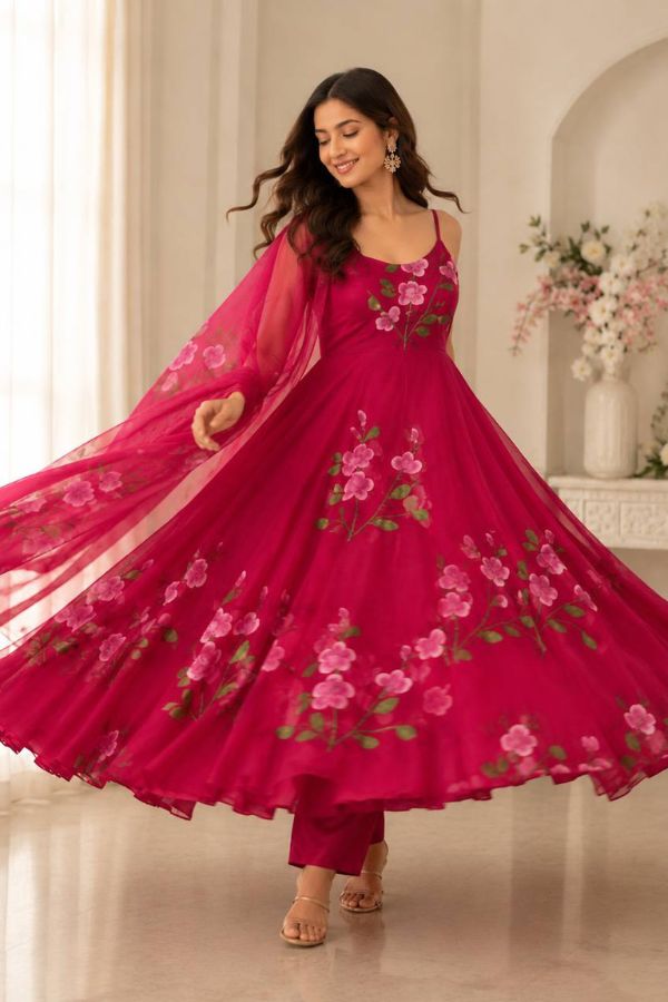 "Gulnaar" Rani Pink Floral Anarkali Set