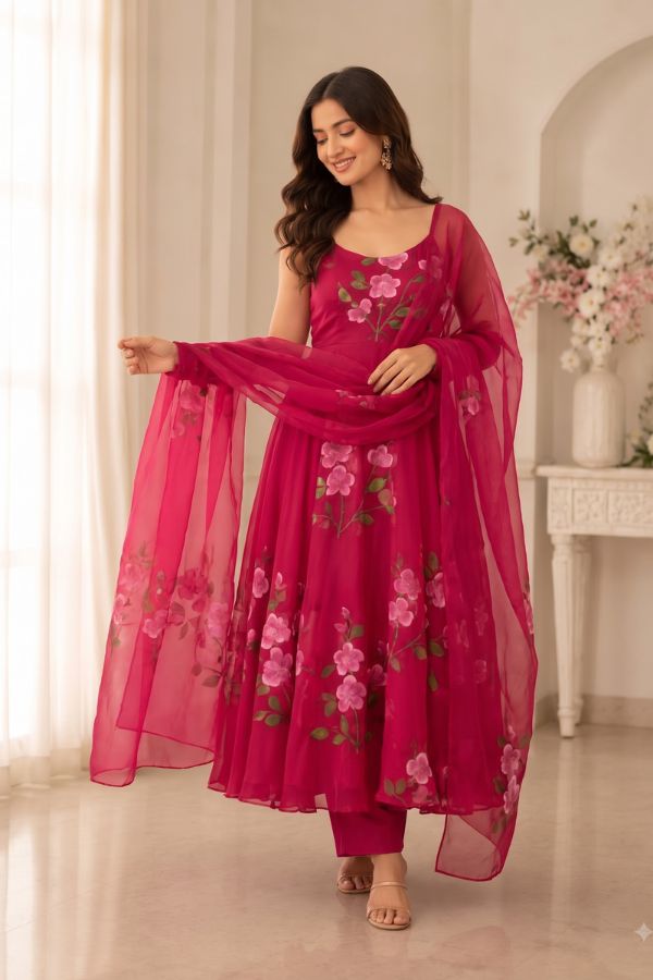 "Gulnaar" Rani Pink Floral Anarkali Set