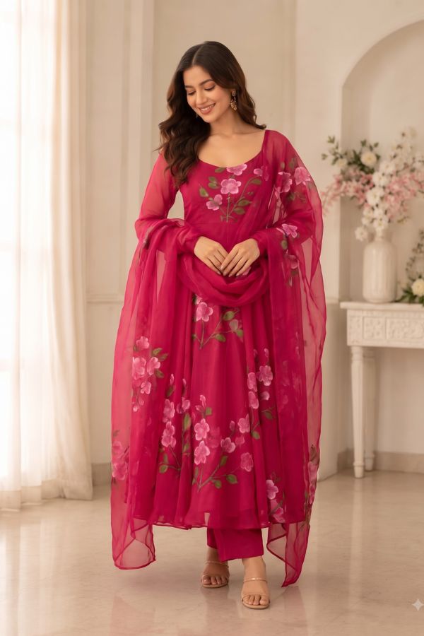 "Gulnaar" Rani Pink Floral Anarkali Set