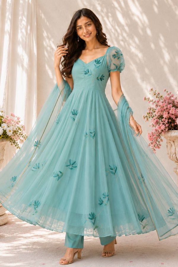 "Neelanjali" Floral Anarkali Set with Dupatta