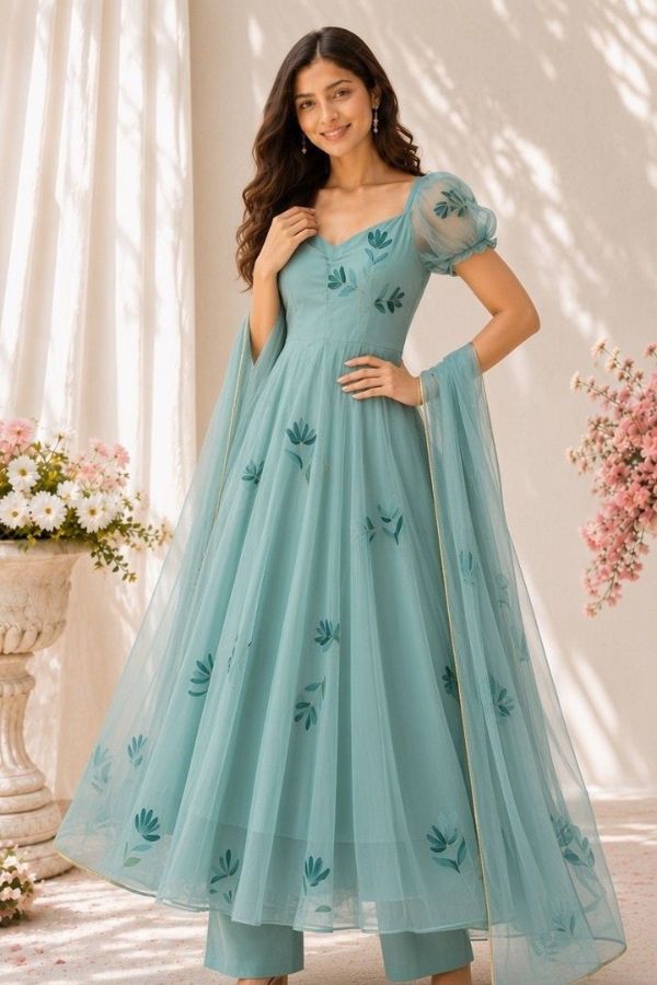 "Neelanjali" Floral Anarkali Set with Dupatta