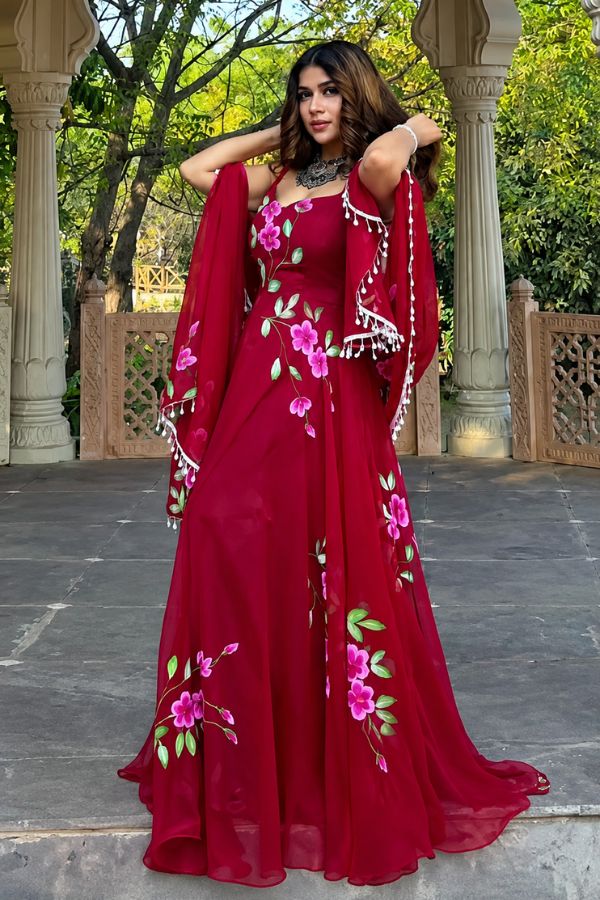 "Gulbadan" Wine Floral Anarkali Set
