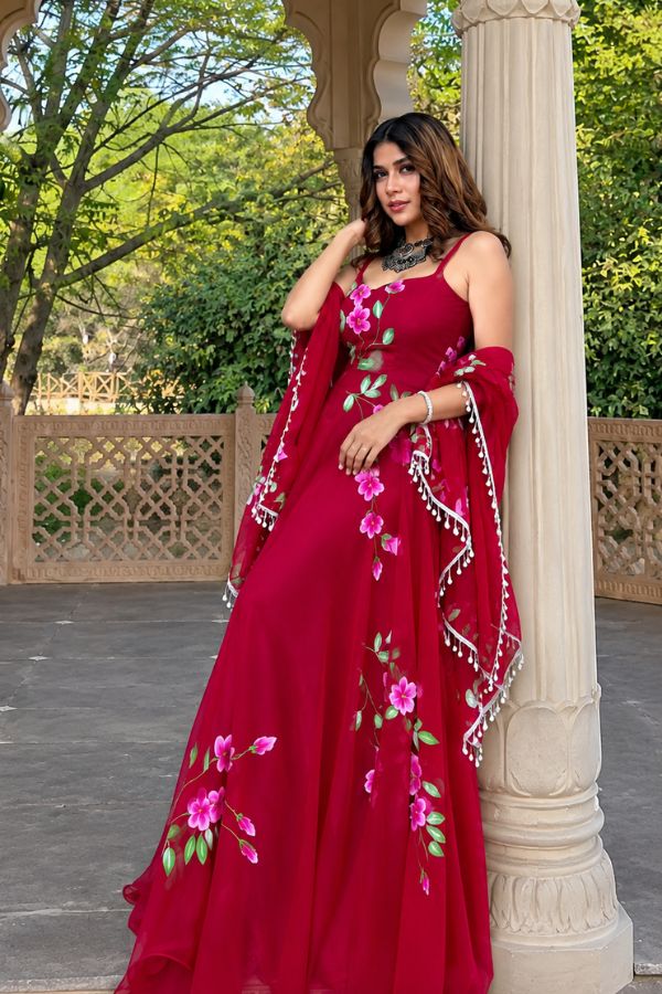 "Gulbadan" Wine Floral Anarkali Set