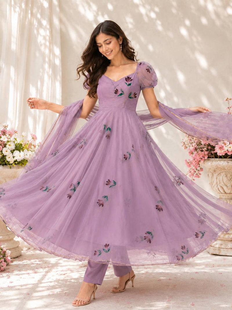 "Madhavi" Lavender Floral Anarkali Set