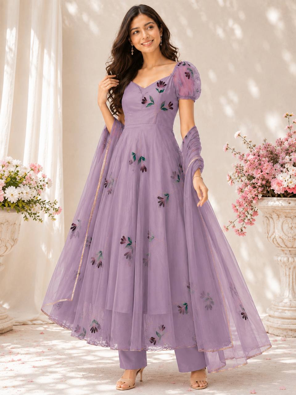 "Madhavi" Lavender Floral Anarkali Set