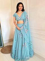 "Gulabiya" Aqua Blue Floral Lehenga Set