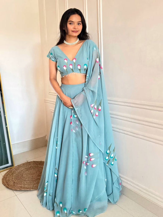 "Gulabiya" Aqua Blue Floral Lehenga Set