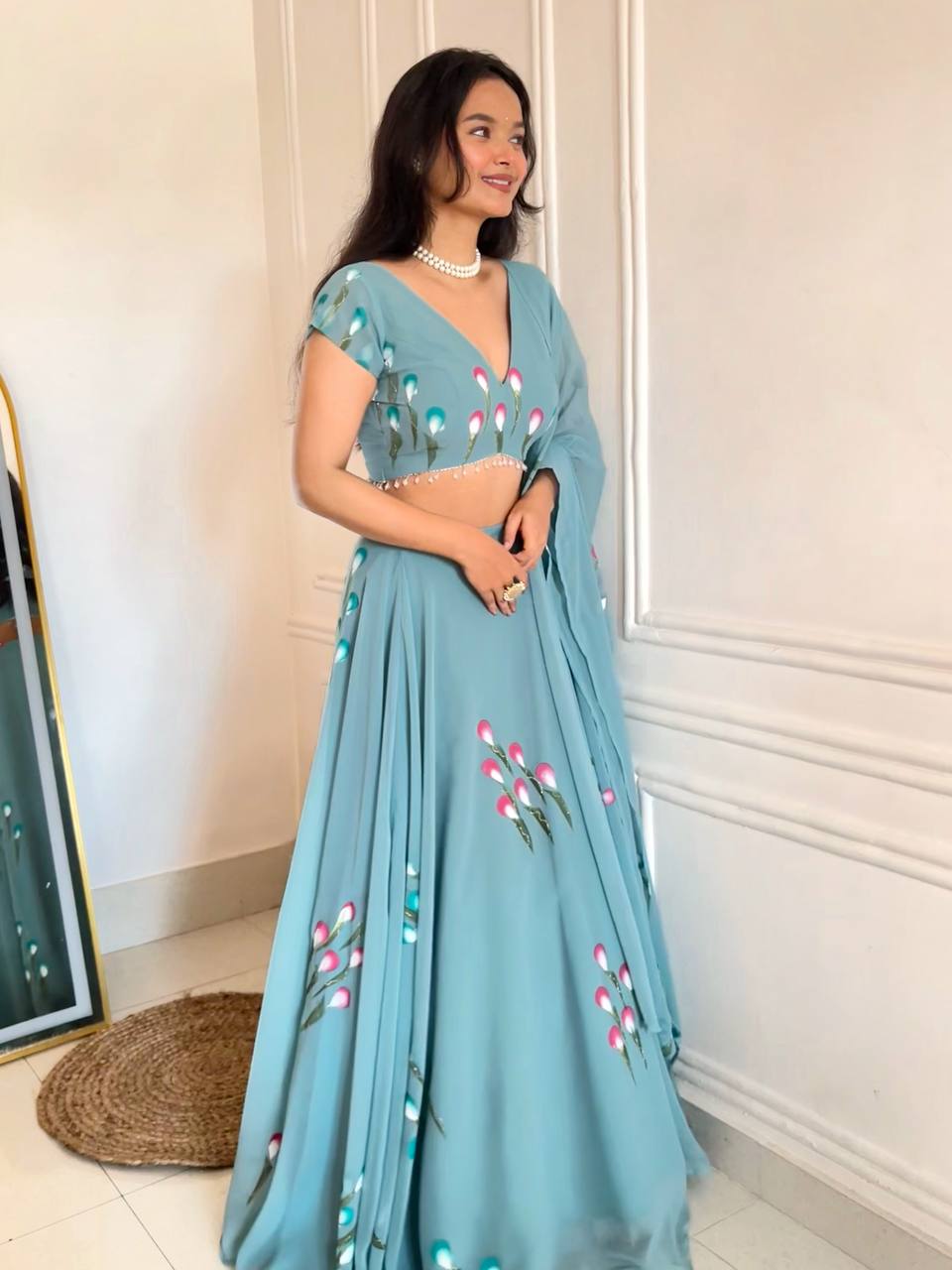 "Gulabiya" Aqua Blue Floral Lehenga Set