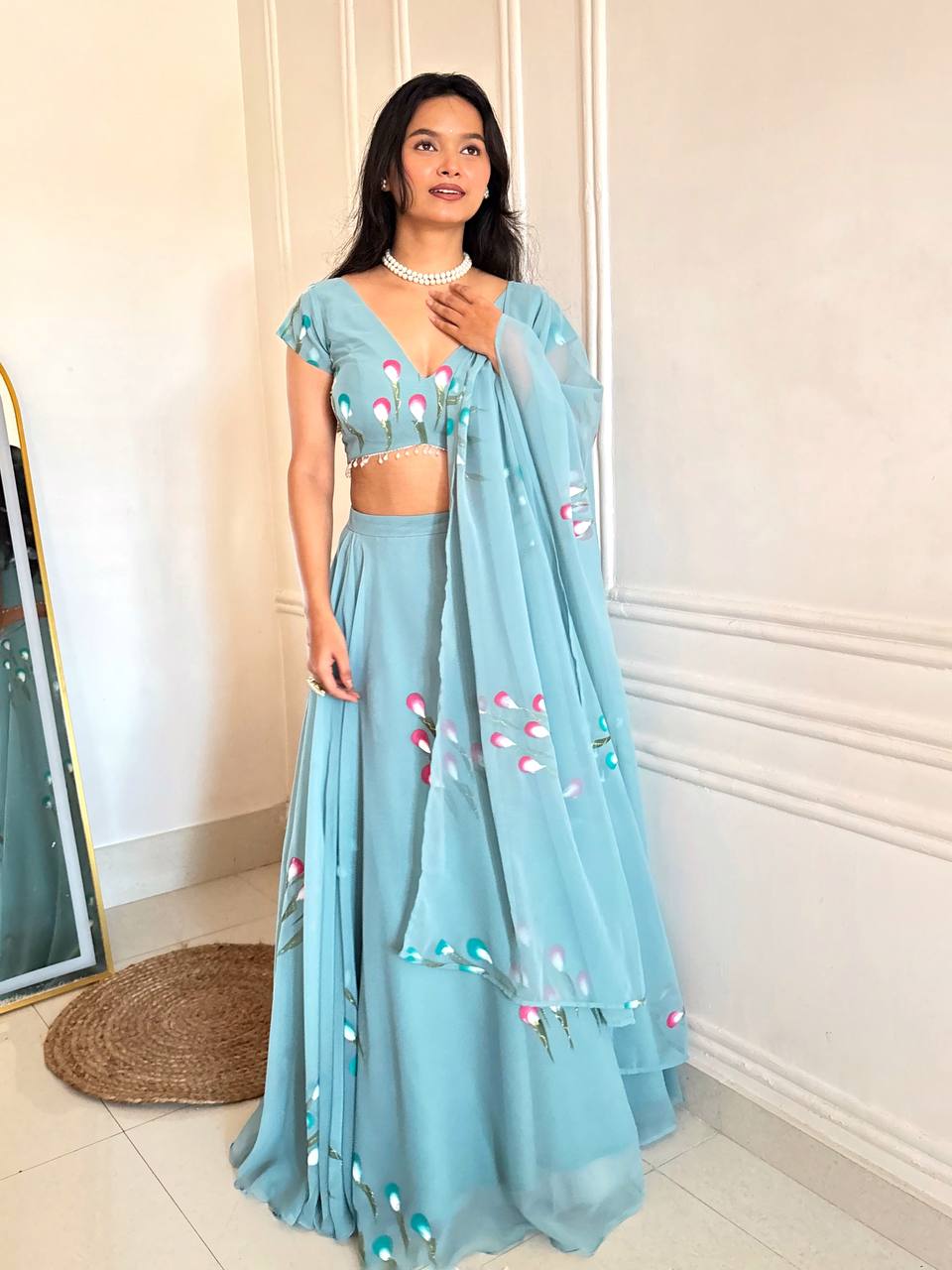 "Gulabiya" Aqua Blue Floral Lehenga Set