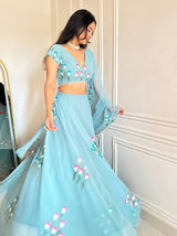 "Gulabiya" Aqua Blue Floral Lehenga Set