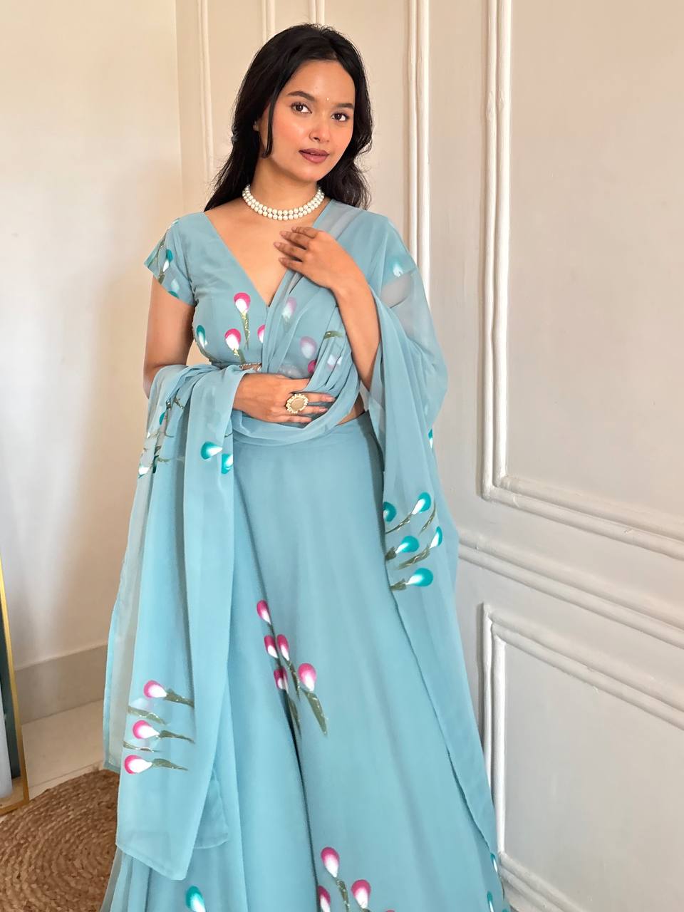 "Gulabiya" Aqua Blue Floral Lehenga Set