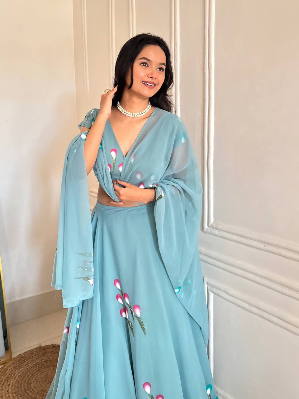"Gulabiya" Aqua Blue Floral Lehenga Set