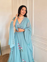 "Gulabiya" Aqua Blue Floral Lehenga Set