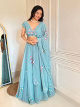 "Gulabiya" Aqua Blue Floral Lehenga Set