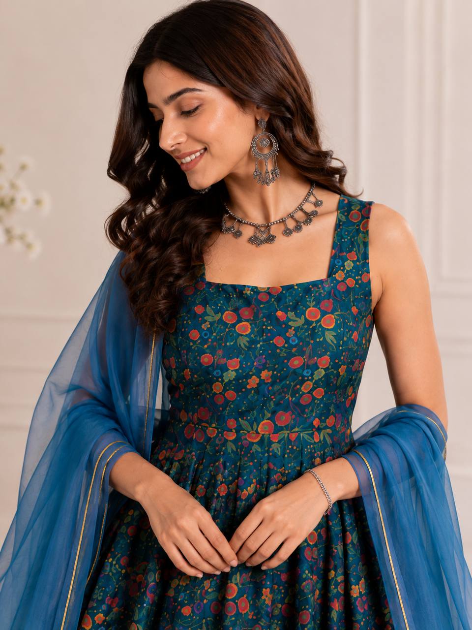 "Rangmala" Teal Floral Anarkali Dress with Ombre Dupatta