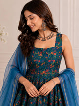 "Rangmala" Teal Floral Anarkali Dress with Ombre Dupatta
