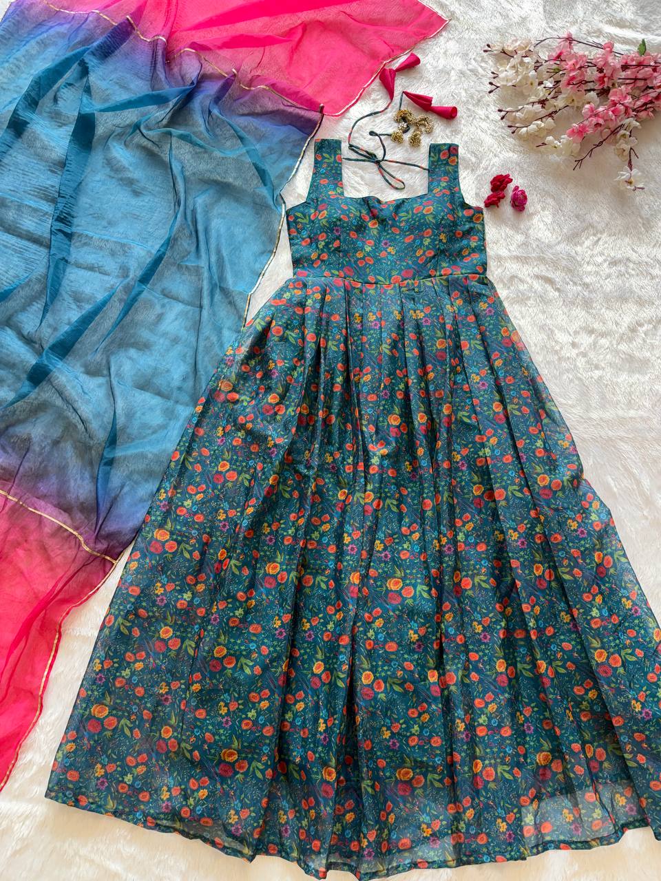 "Rangmala" Teal Floral Anarkali Dress with Ombre Dupatta