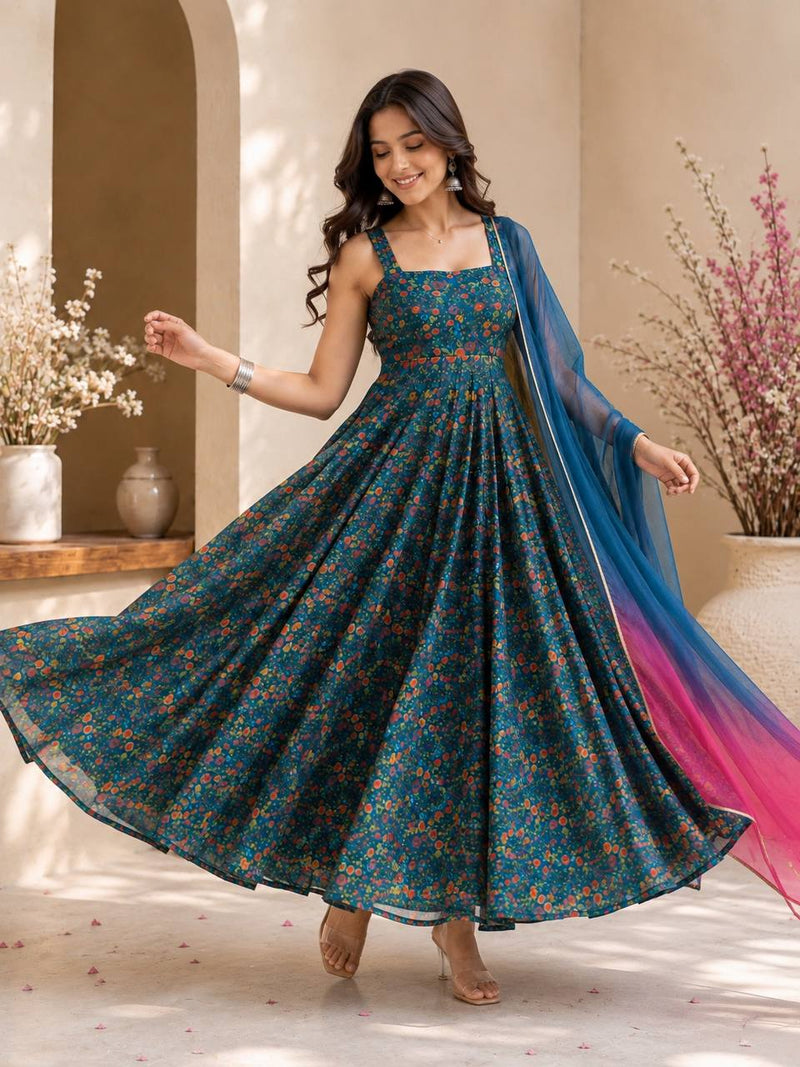 "Rangmala" Teal Floral Anarkali Dress with Ombre Dupatta