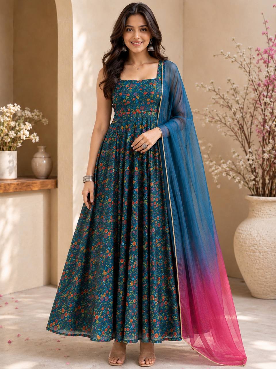 "Rangmala" Teal Floral Anarkali Dress with Ombre Dupatta