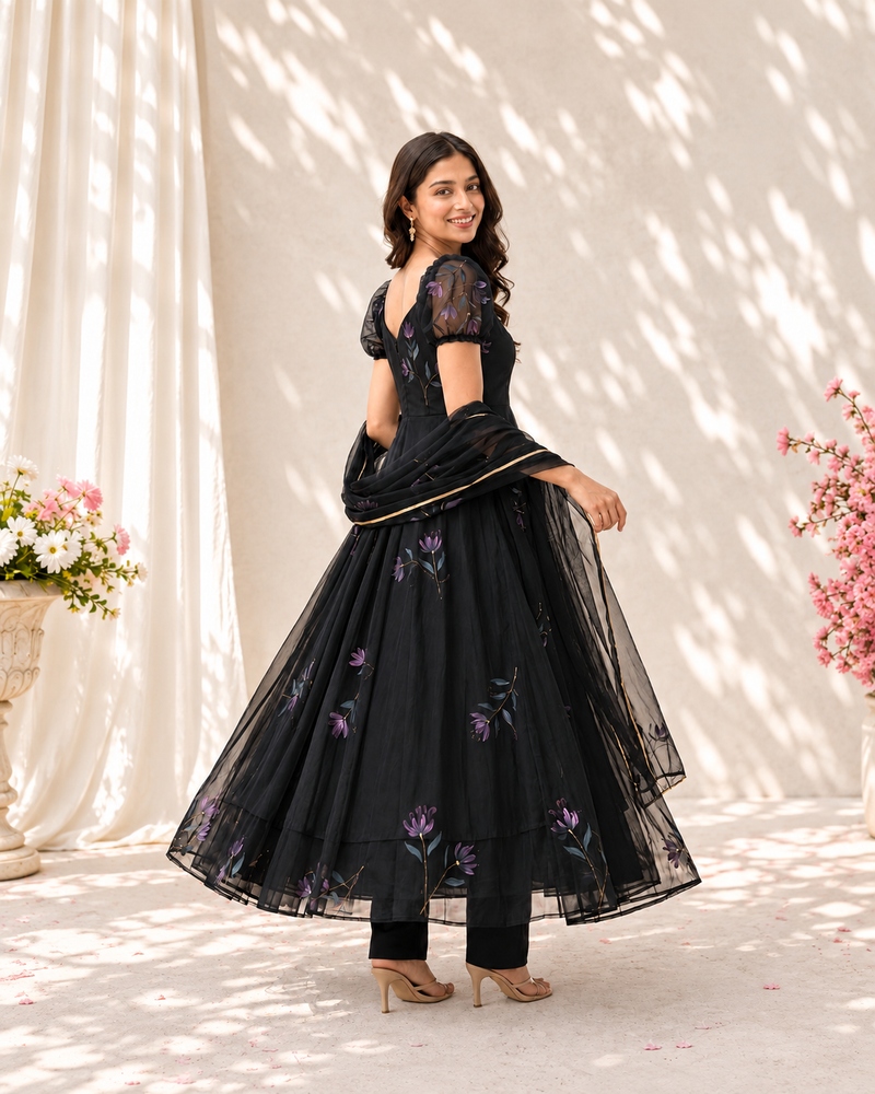 "Raat rani" Black Floral Anarkali Set