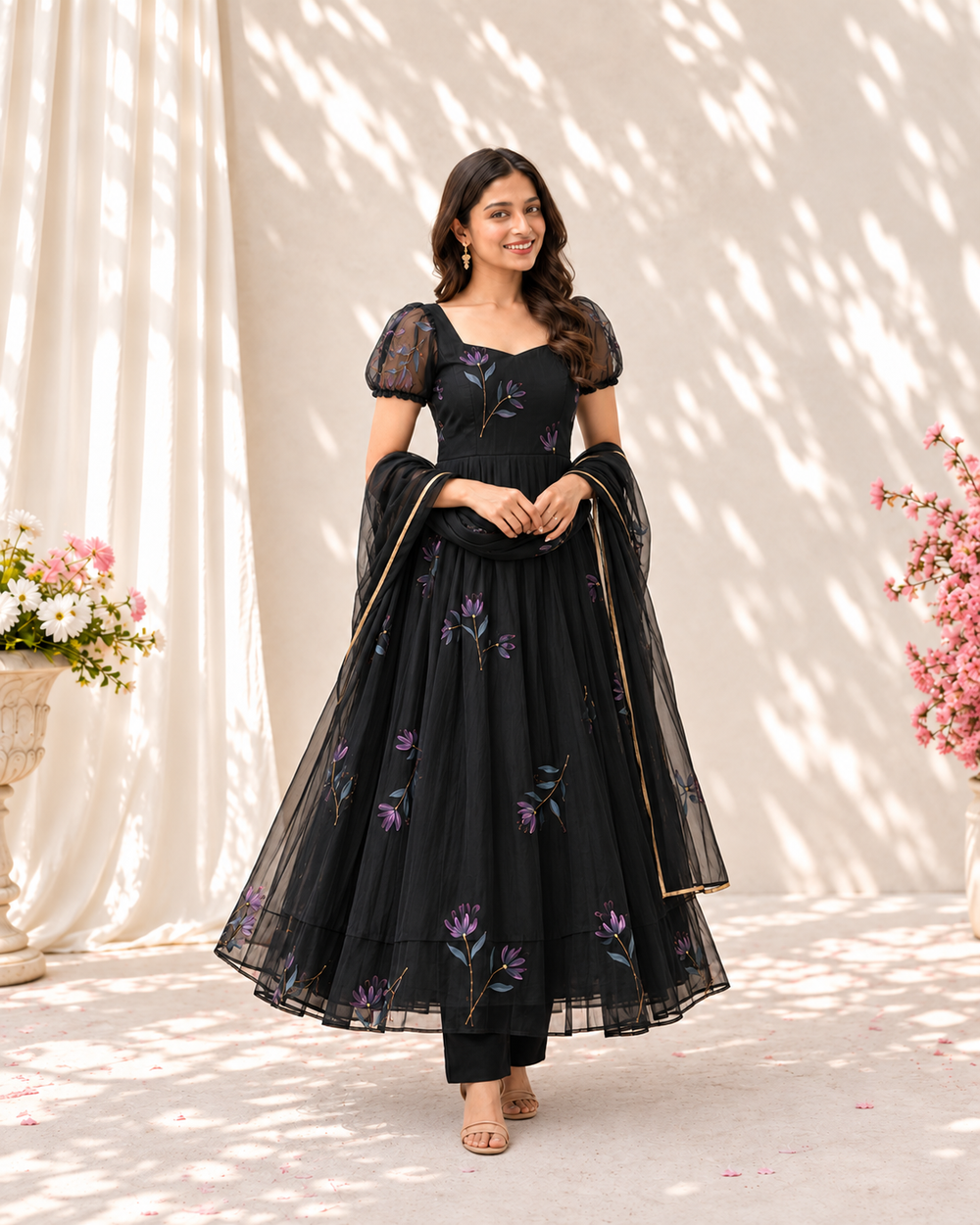 "Raat rani" Black Floral Anarkali Set