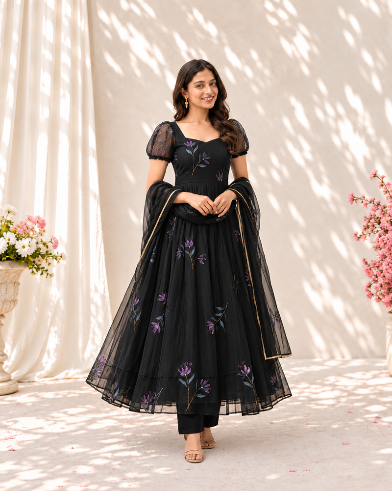 "Raat rani" Black Floral Anarkali Set