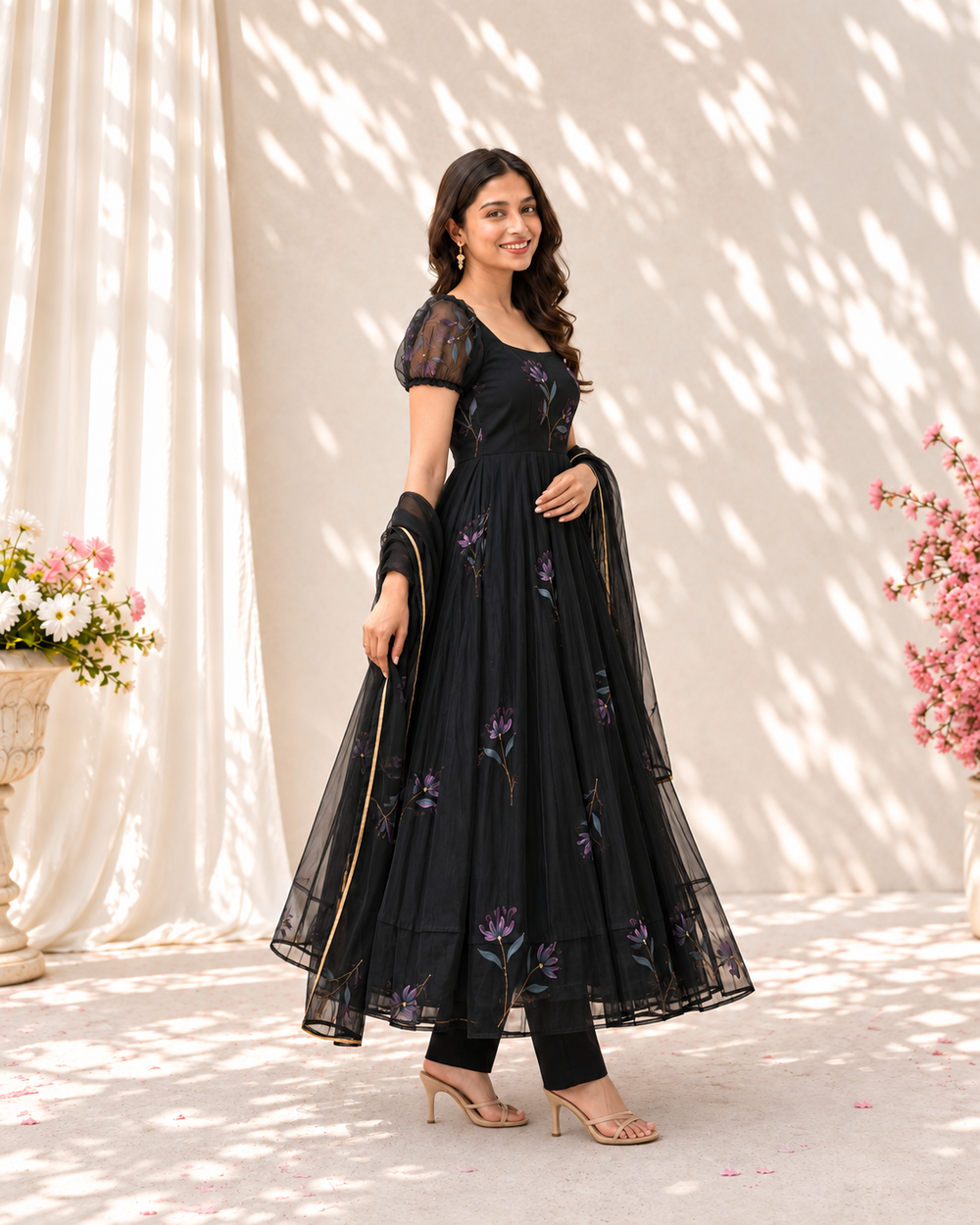 "Raat rani" Black Floral Anarkali Set