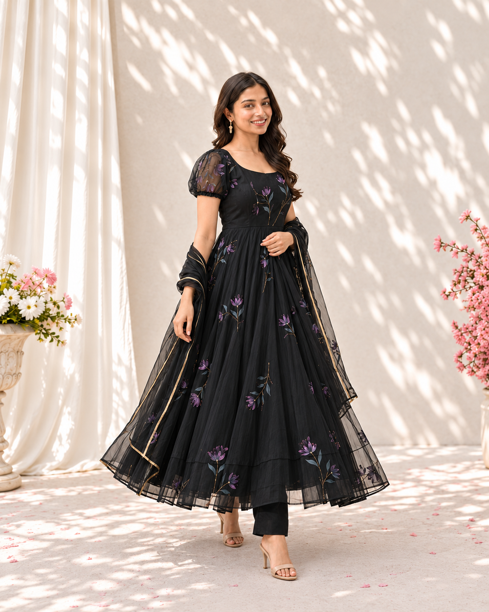 "Raat rani" Black Floral Anarkali Set