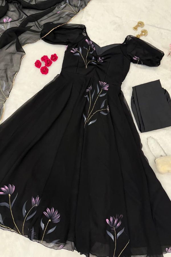 "Raat rani" Black Floral Anarkali Set